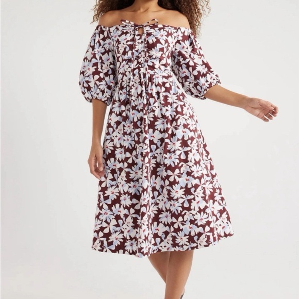 Free Assembly Ruched Halter Seersucker Floral Blue & Brown Dress Size XS